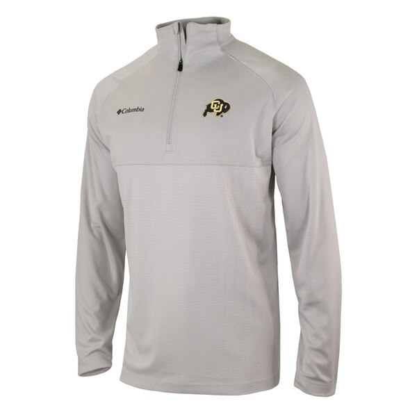 A light gray pullover. The chest is solid gray with the CU Buffalo logo embroidered in black and gold, while the sleeves and bottom of the torso are gray striped.